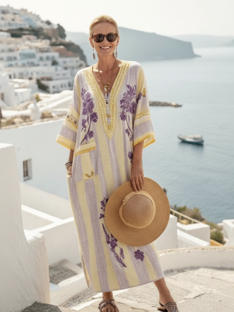Aurelia | V-Ausschnitt Halbarm Gestreiftes Floral Maxikleid