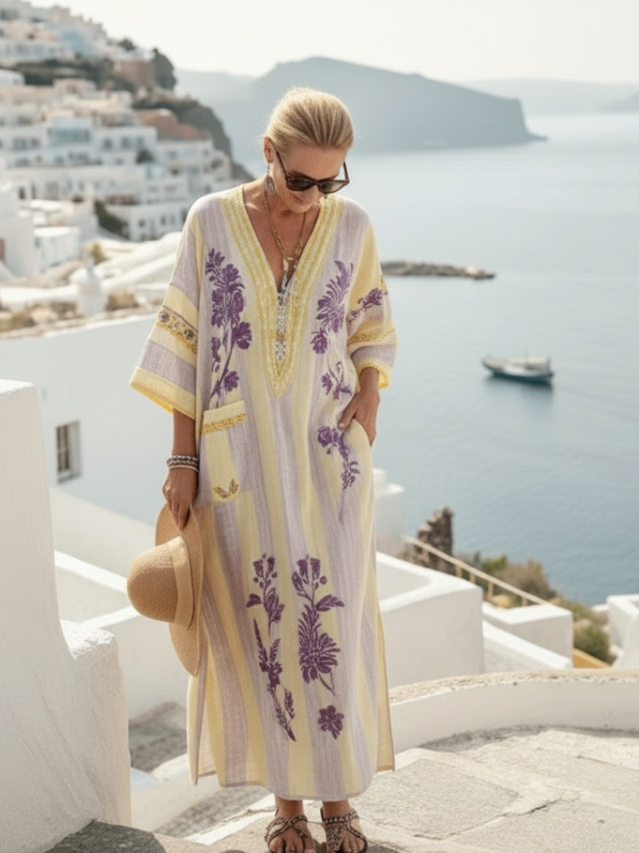 Aurelia | V-Ausschnitt Halbarm Gestreiftes Floral Maxikleid