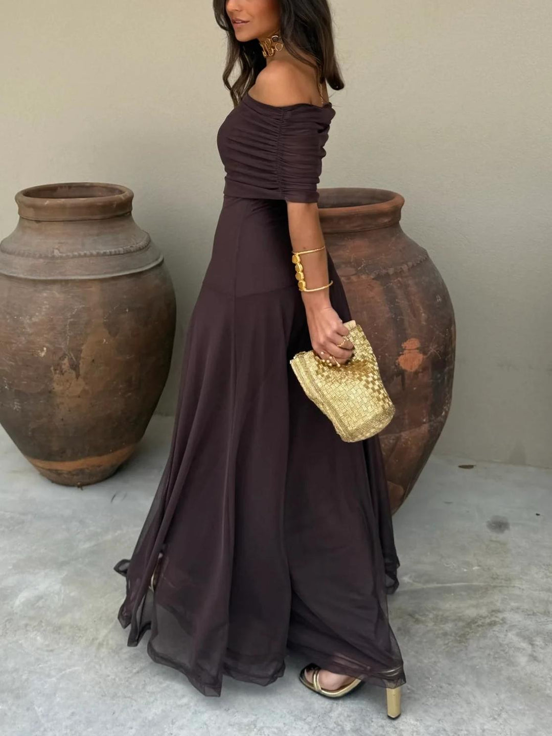 Damen Off-Shoulder Maxikleid mit kurzen Ärmeln