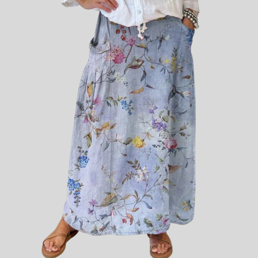 Eleganter Vintage Blau Druck Damen Leinen Taschenrock