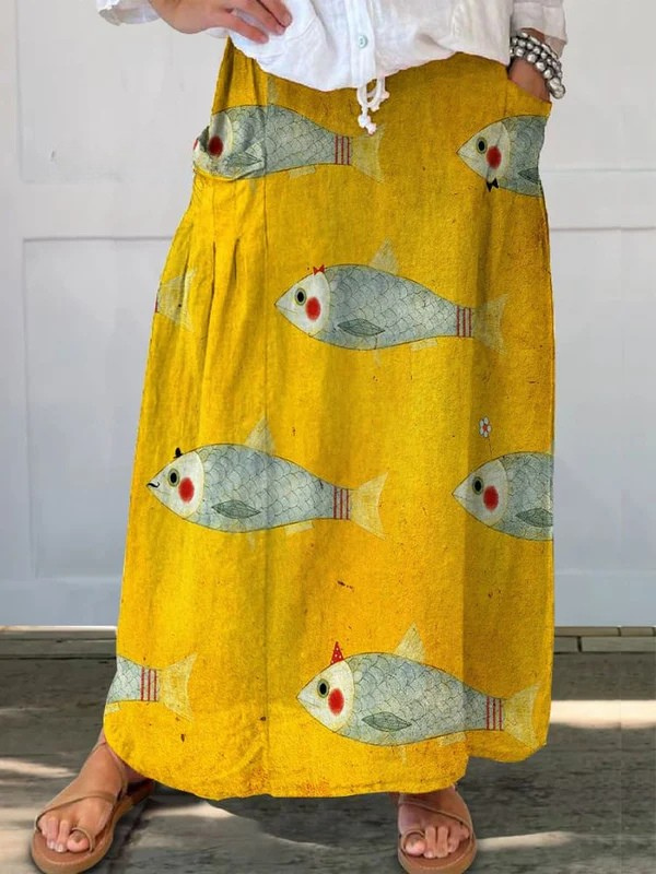 Damen Vintage Fisch Kunst Druck Leinen Tasche Rock