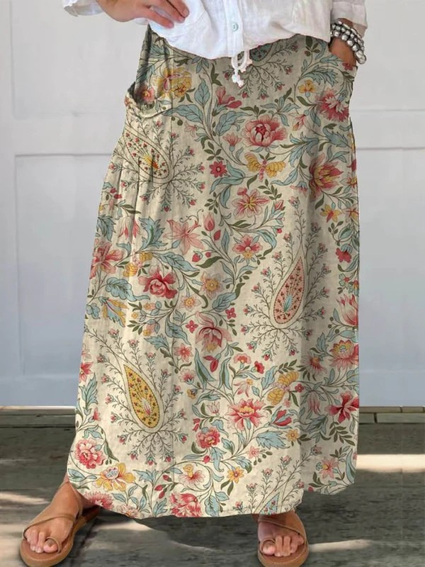 Damen Vintage Floral Art Bedruckter Leinen Taschenrock