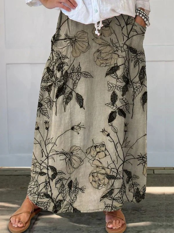 Damen Retro Blumen Kunst Leinen Elastischer Bund Rock mit Taschen