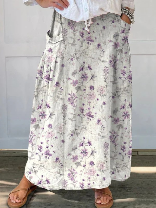 Damen Vintage Blumen Kunst Leinen Elastischer Bund Taschenrock