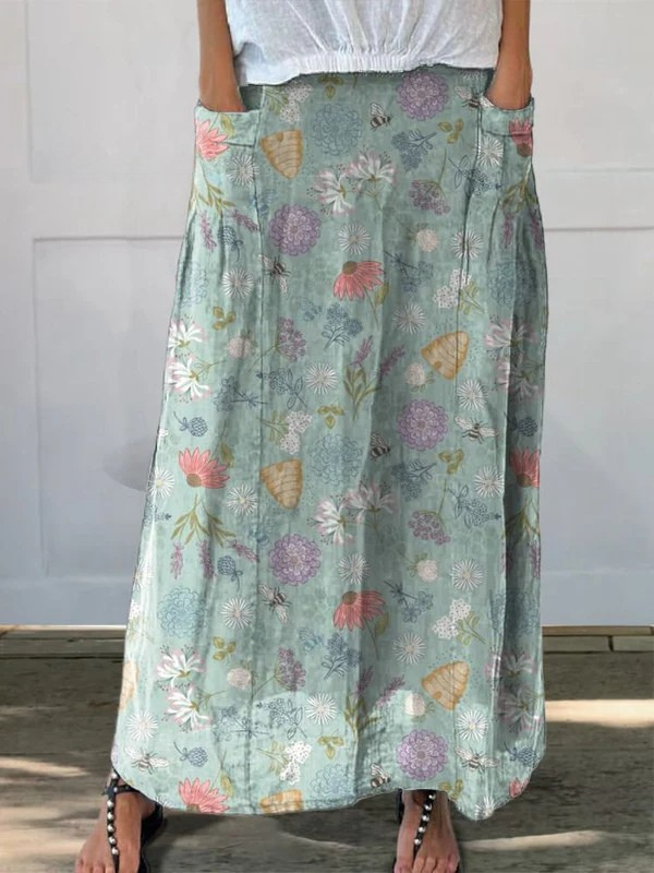 Blühendes Frühlingsblumen- und Hummel-Muster bedruckter Damen-Leinenrock mit Taschen