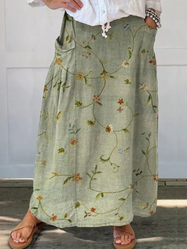 Damen Retro Blumen Kunst Leinen Elastischer Bund Rock mit Taschen