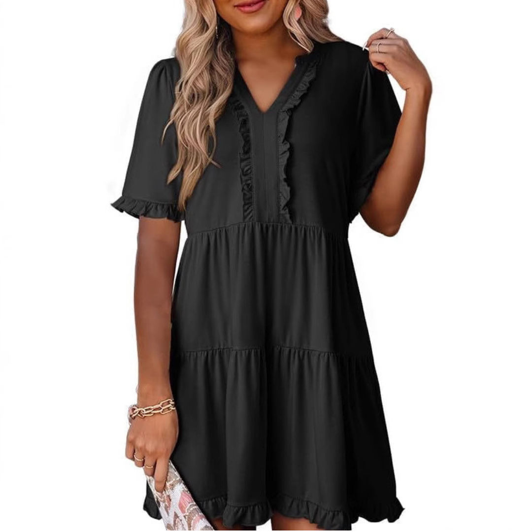 Shaila™ - Lässiges V-Ausschnitt Mini-Kleid