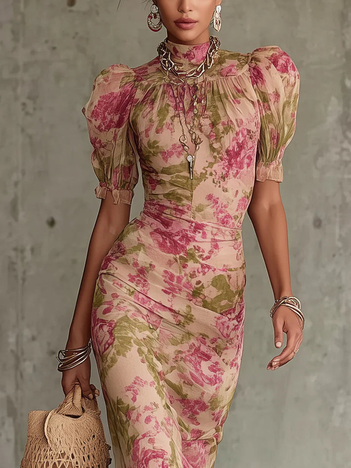 Mae | Retro Floral Puff Sleeve Maxi Kleid