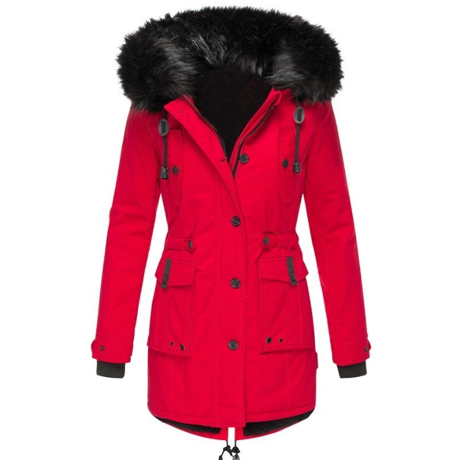 Damenparka mit Kapuze, Knöpfen und Taschen