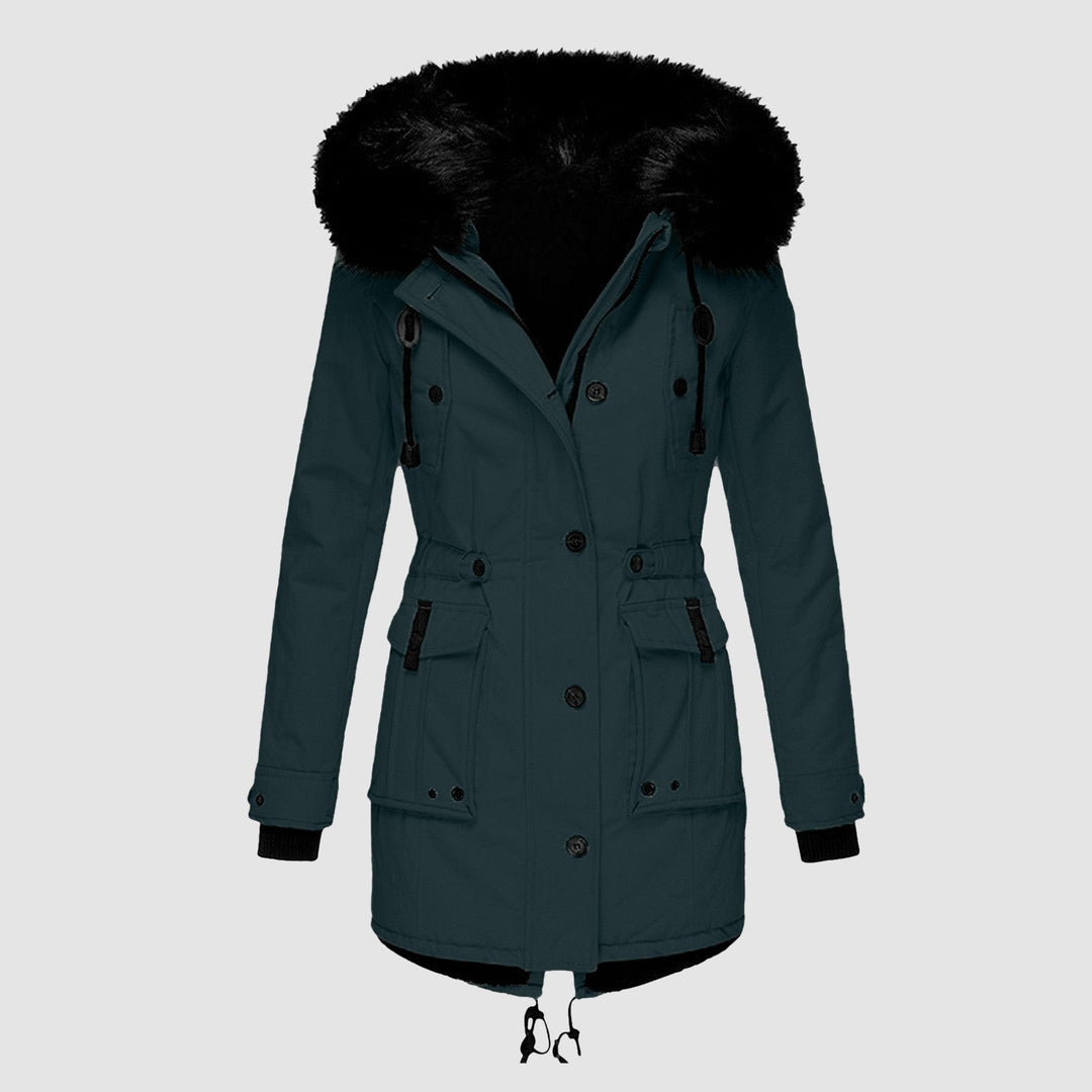 Damenparka mit Kapuze, Knöpfen und Taschen