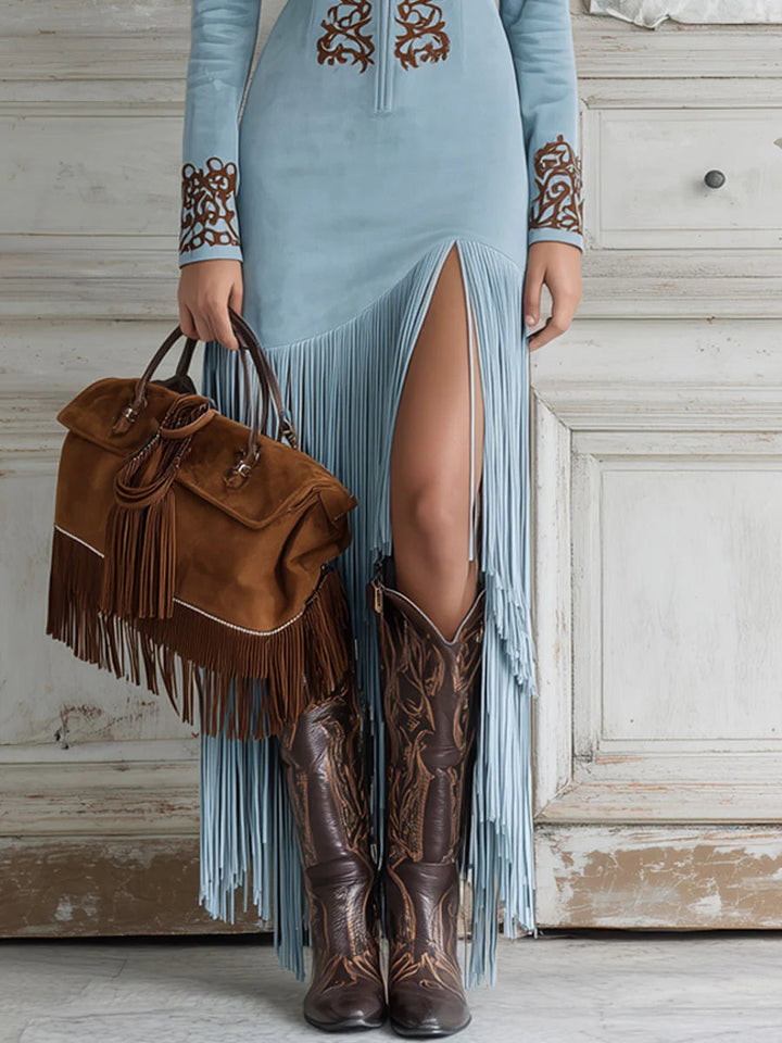 Ophelio Maxikleid im Western-Stil mit besticktem Kunstleder-Fransen und halbem Reißverschluss