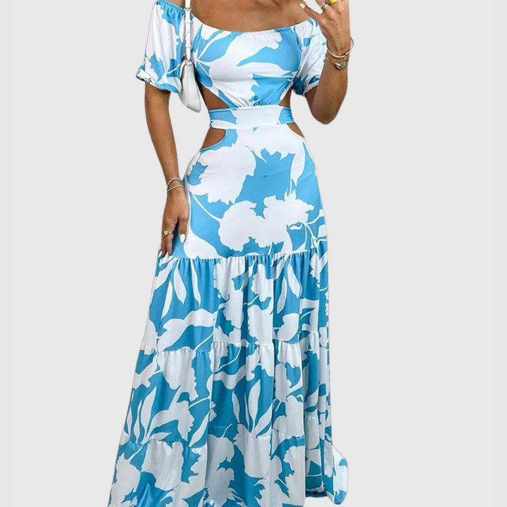 Xiomara | Damen Maxi-Kleid mit kurzen Ärmeln und Ausschnitt