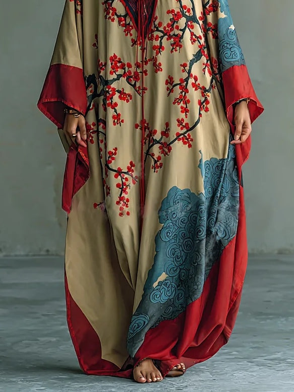 Maxi-Kleid mit Fledermausärmeln und japanischem Rot-Pflaumenblüten-Druck