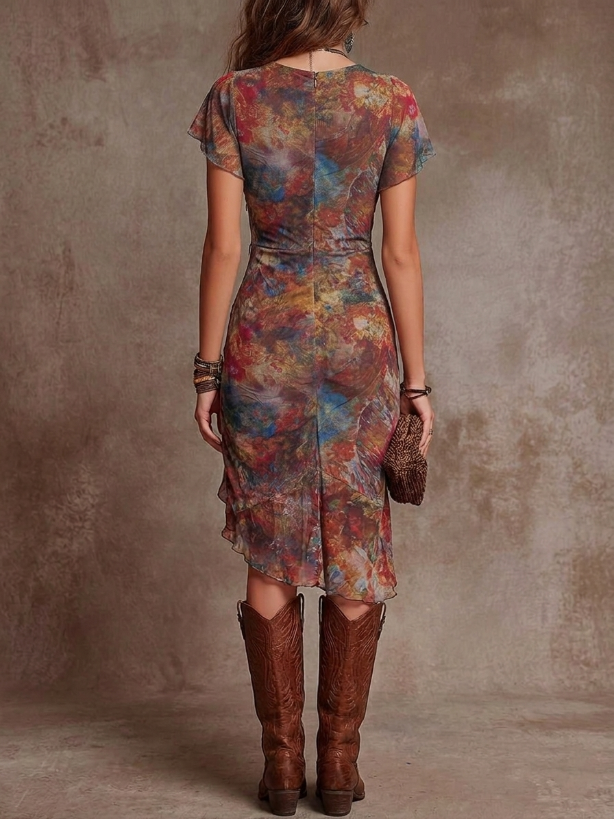 Judy | Abstraktes V-Ausschnitt Falten Midi-Kleid mit Bohemian Flair