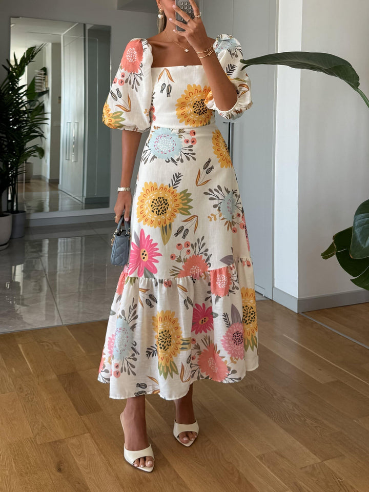 Camille | Damen Blumen-Maxikleid mit Puffärmeln