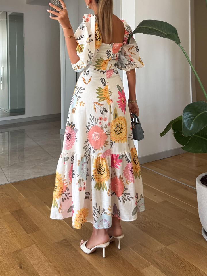 Camille | Damen Blumen-Maxikleid mit Puffärmeln