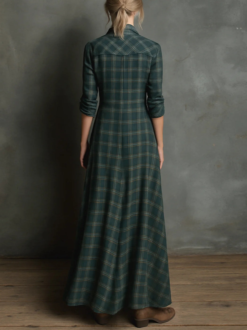 Valentina | Vestido largo de cuadros para mujer, de manga larga, con botones y bolsillos