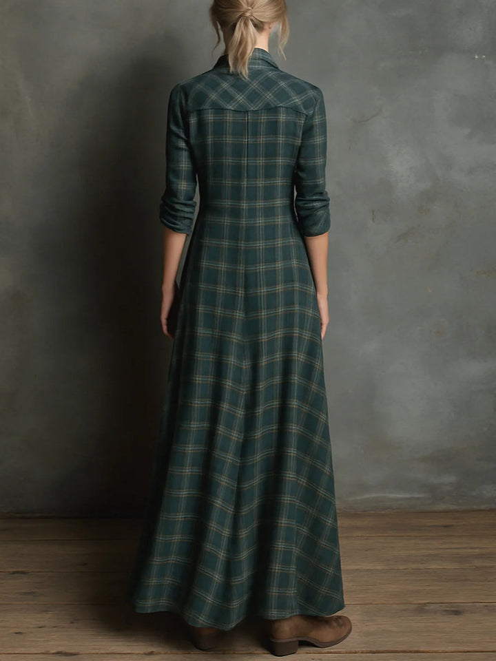 Valentina | Vestido largo de cuadros para mujer, de manga larga, con botones y bolsillos