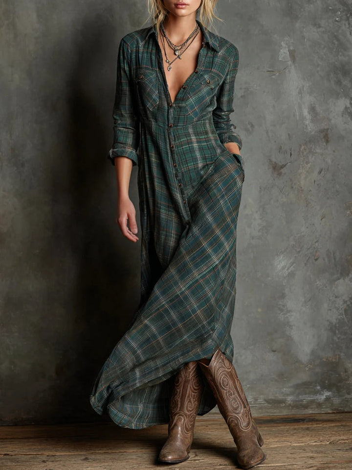 Valentina | Vestido largo de cuadros para mujer, de manga larga, con botones y bolsillos