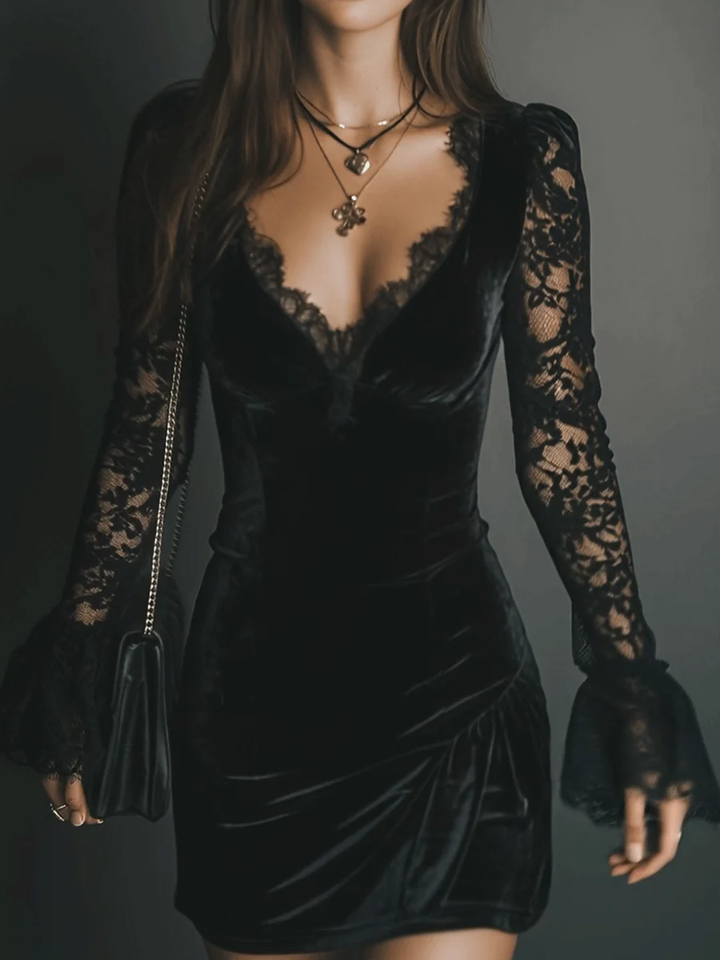 Orinthia – Samt-Minikleid mit Spitzenbesatz