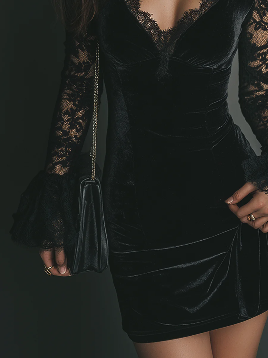 Orinthia – Samt-Minikleid mit Spitzenbesatz