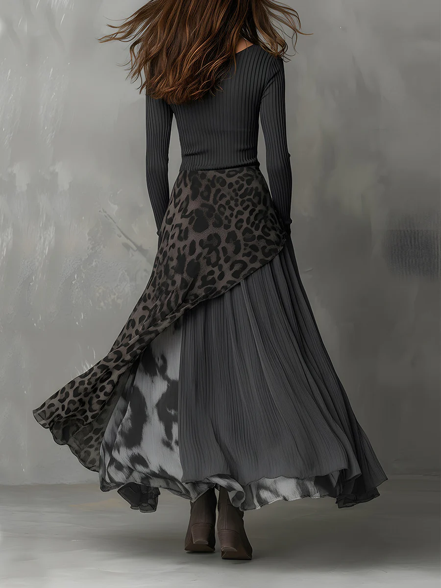 Maxi-Kleid mit grauen Streifen und Leopardenmuster, unregelmäßiger Saum