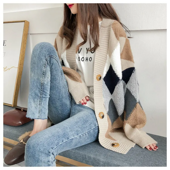 Damen Cardigan mit Karomuster und V-Ausschnitt