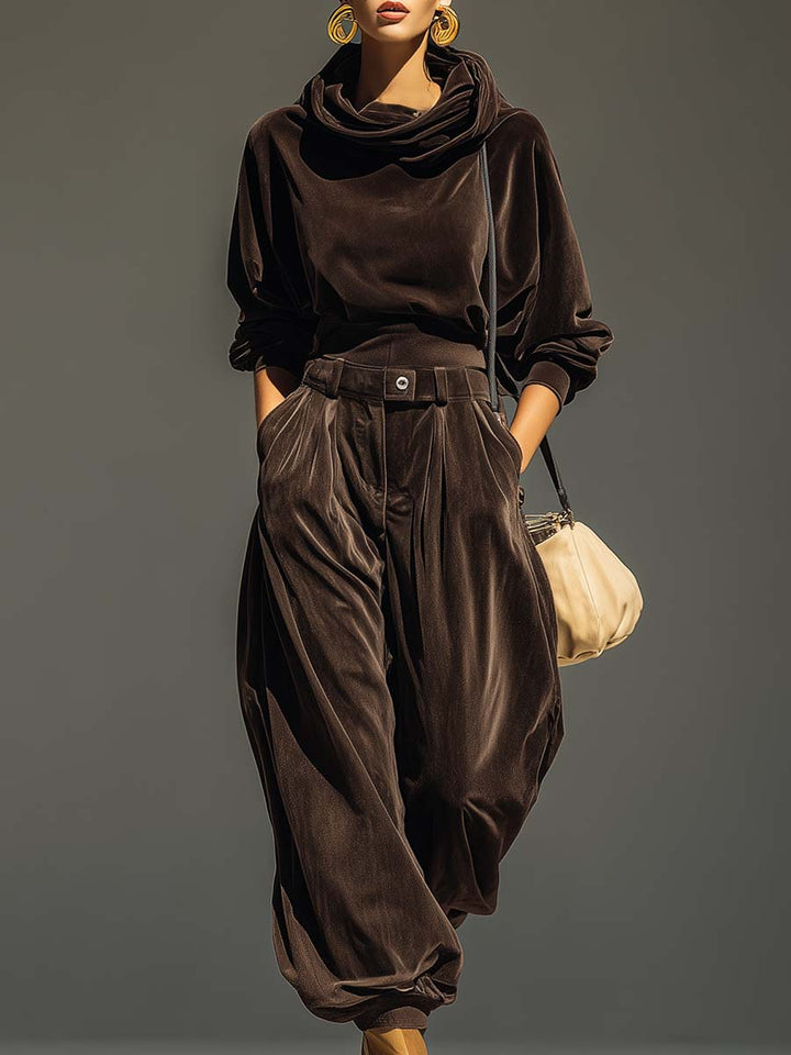 Retro Brauner Samt Hoodie und Entspannte Hose Set (Gürtel Inklusive)