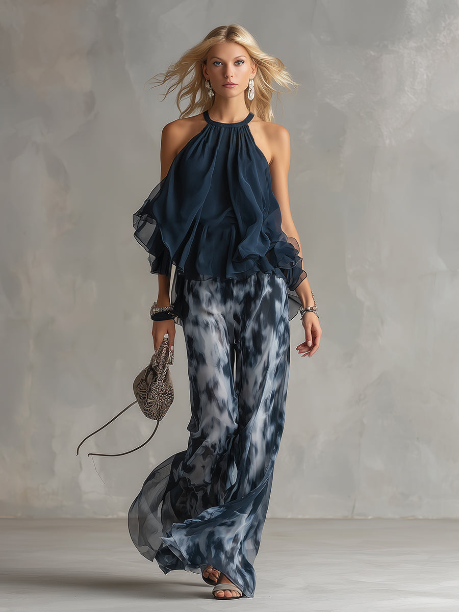Ludovica – Schickes Ensemble mit hochgeschlossenem Blusenshirt und fließenden bedruckten Hosen