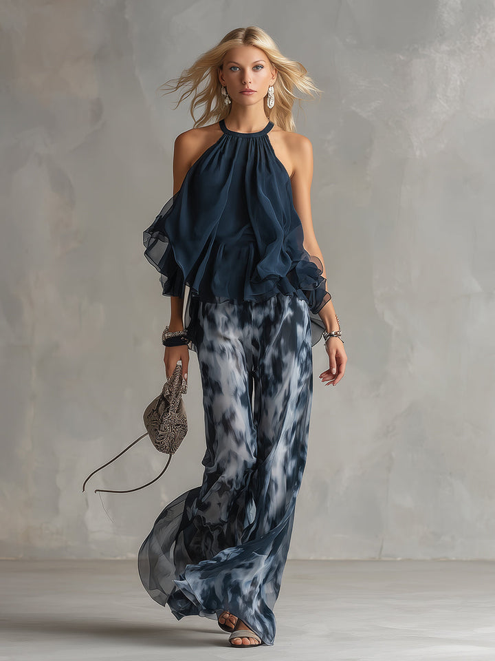 Ludovica – Schickes Ensemble mit hochgeschlossenem Blusenshirt und fließenden bedruckten Hosen