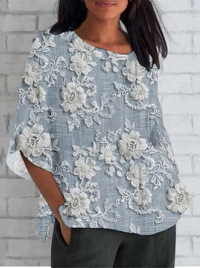 Larissa™ - Vintage Bluse aus Leinen und Spitze mit floralem Muster