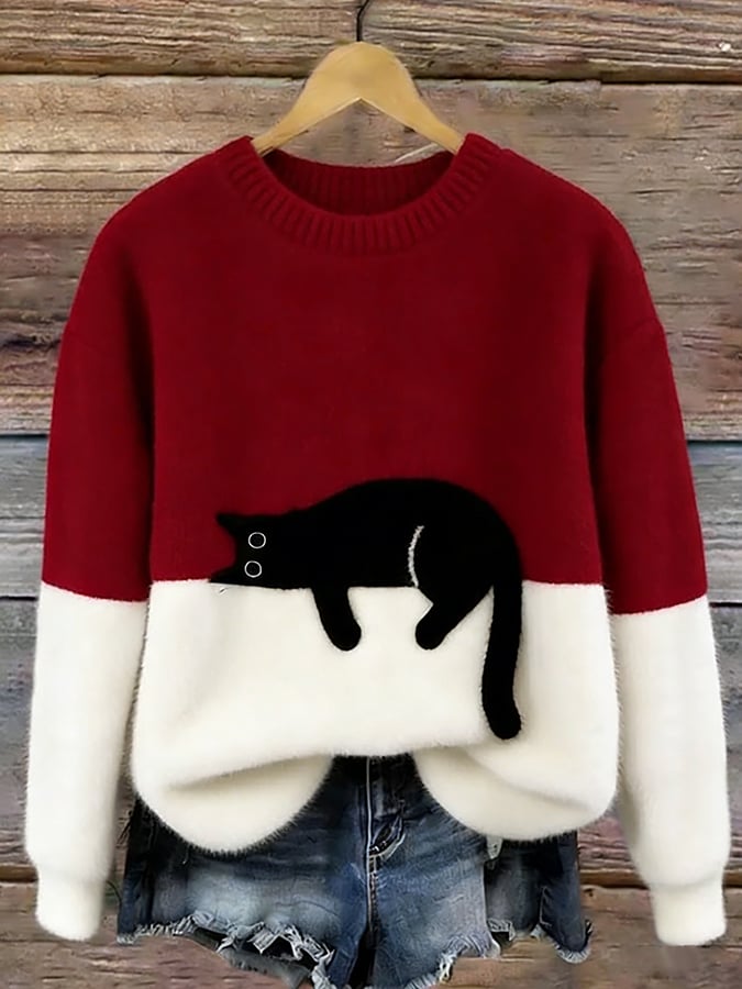 Pullover oversize da donna con design color block e motivo a gatti