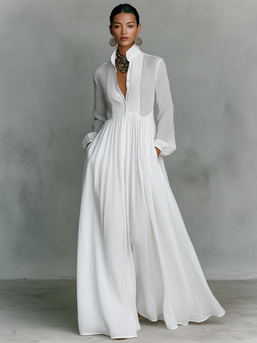 Minimalistisches Patchwork-Maxikleid für Damen mit Stehkragen, Stehkragen und langen Ärmeln, einreihig geknöpft.