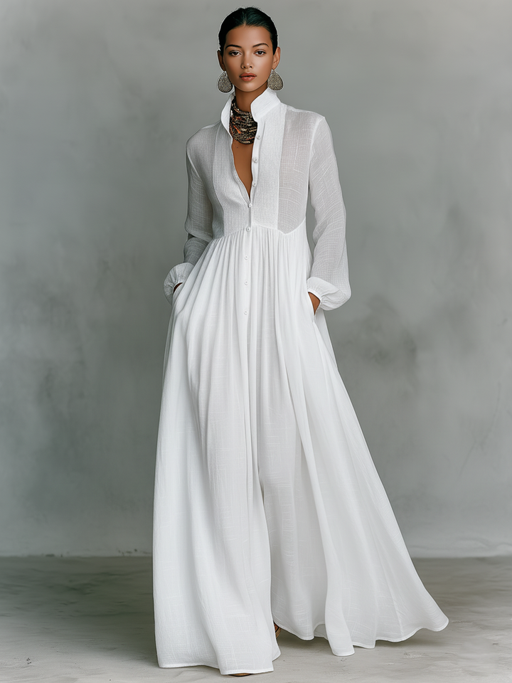 Minimalistisches Patchwork-Maxikleid für Damen mit Stehkragen, Stehkragen und langen Ärmeln, einreihig geknöpft.