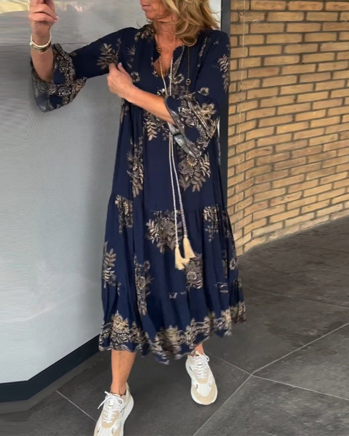 Rose™ – Vintage Lockerer V-Ausschnitt Midi-Kleid