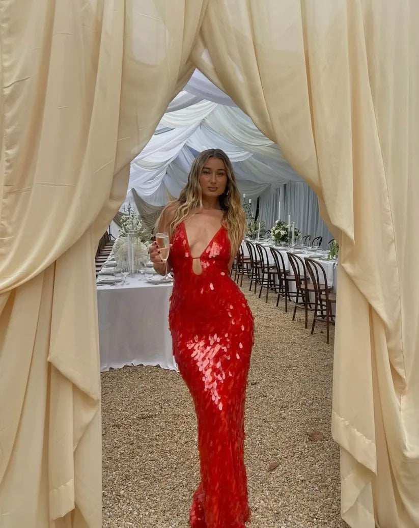Kalea - Glitzer Pailletten Rückenfreies Trägerkleid