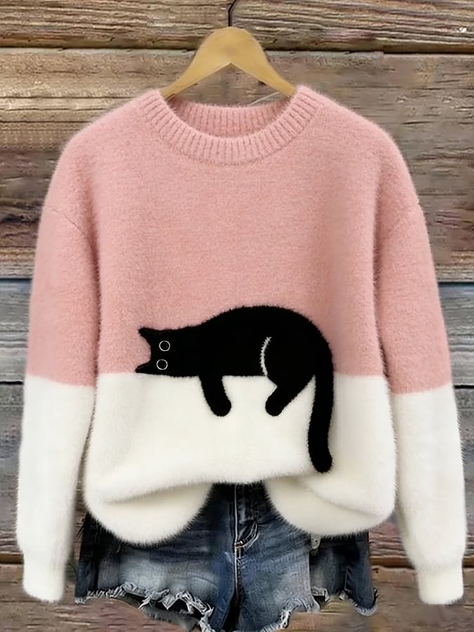Pullover oversize da donna con design color block e motivo a gatti