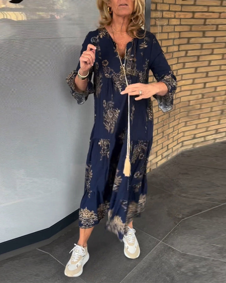 Rose™ – Vintage Lockerer V-Ausschnitt Midi-Kleid