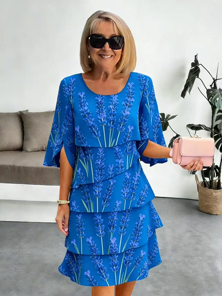 Elyvane™ - Damen Floral Rüschenkleid mit mittellangen und geschlitzten Ärmeln