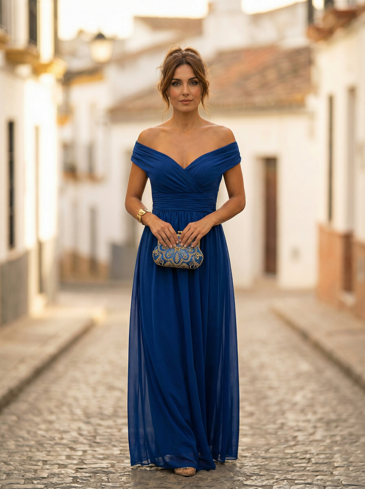 Leo | Damen Off-Shoulder Maxi-Kleid mit V-Ausschnitt