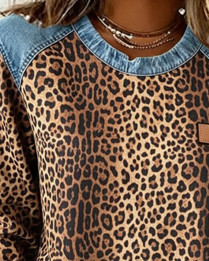 Leopardenmuster Denim Patchwork Pullover
