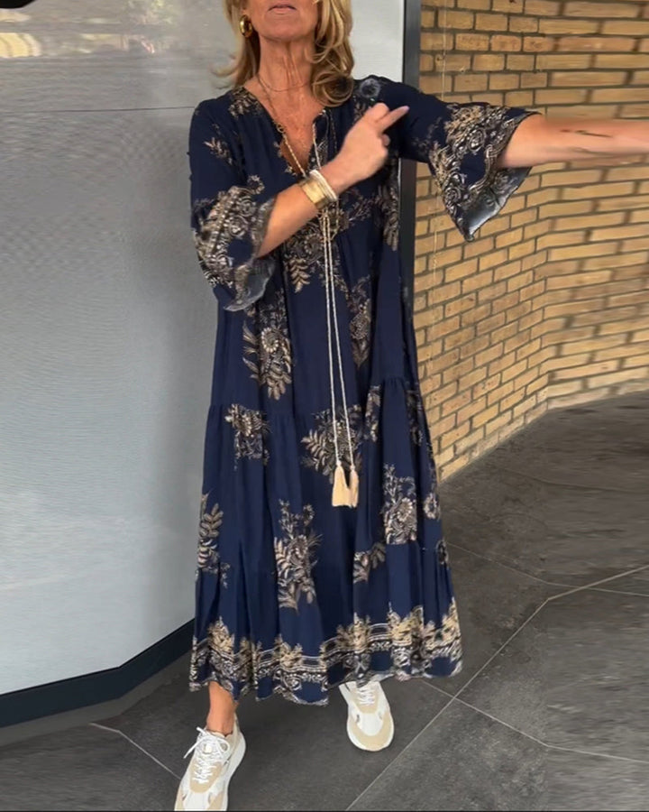 Rose™ – Vintage Lockerer V-Ausschnitt Midi-Kleid