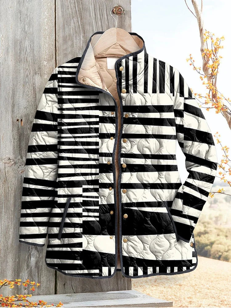 Damen schwarz-weiße abstrakte Steppjacke im Casual-Stil