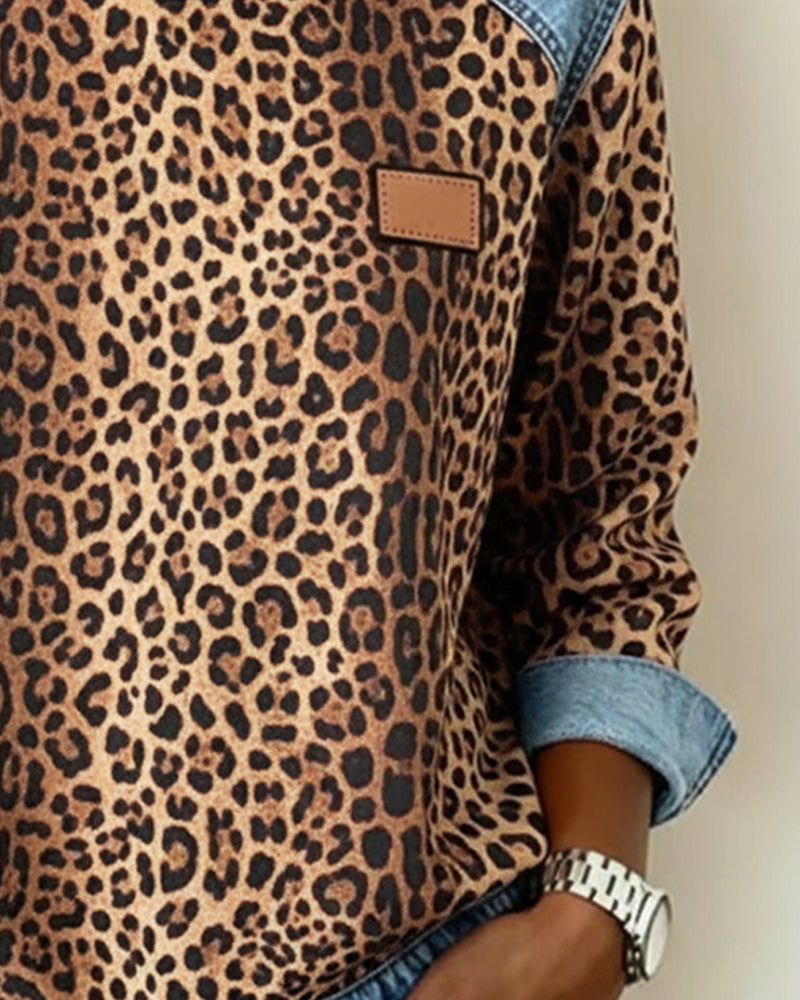 Leopardenmuster Denim Patchwork Pullover