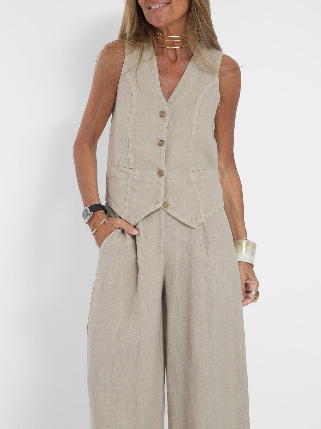 Aira - Geknöpfter Weste & Weite Hose Set