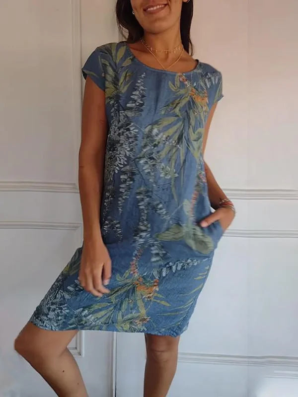 Damen Baumwolle Leinen Bedrucktes Sommerkleid mit Taschen