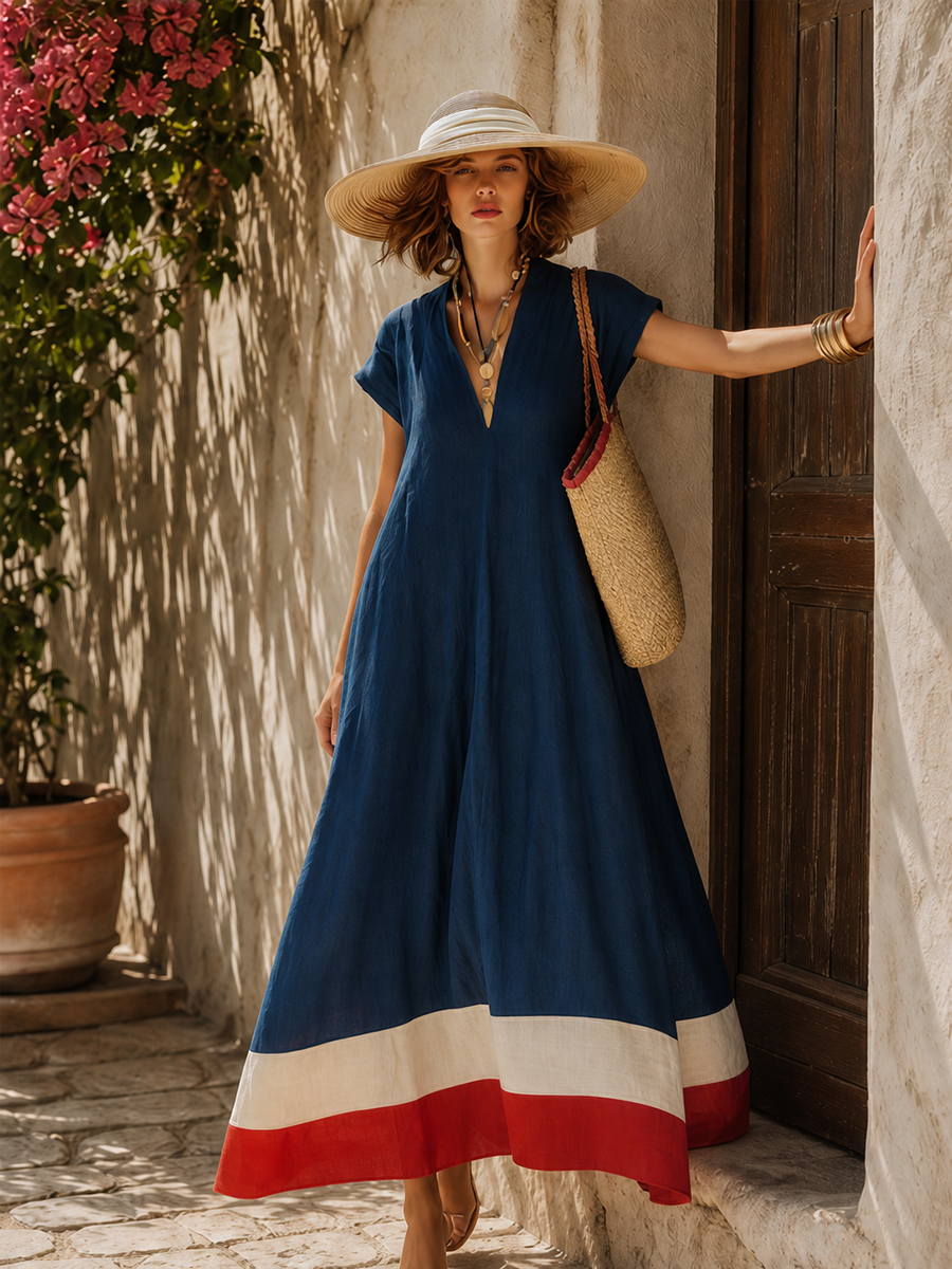 Damen Maxikleid mit V-Ausschnitt und kurzen Ärmeln