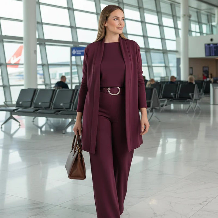 Schickes 3-teiliges Ensemble: Langer Cardigan, Top und Hose