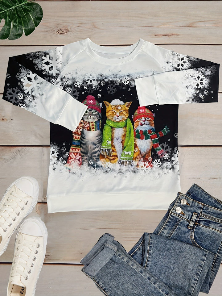 Nele - Warmes Winter Top Mit Schneekatzen Print
