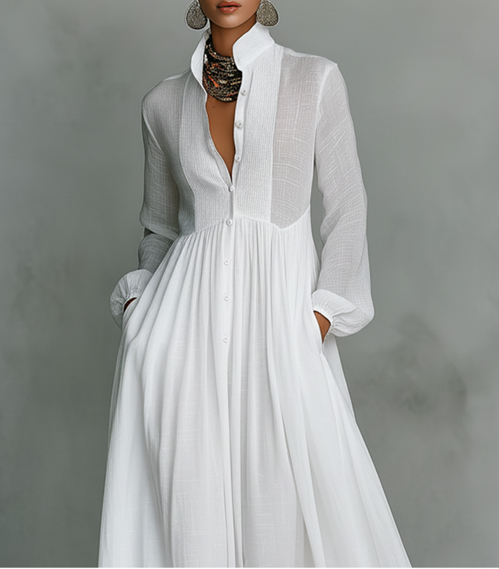 Elisa | Baumwoll- und Leinen-Maxi-Kleid mit Patchwork, hohem Kragen und langen Ärmeln - Minimalistischer Stil